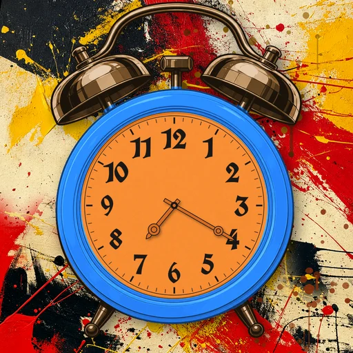 Twin-bell alarm clock in translucent jelly electric blue, orange dial, on an abstract ink background