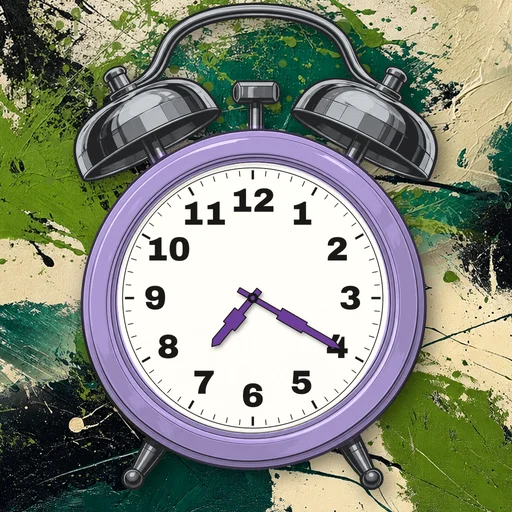 Twin-bell alarm clock in enamel lavender, white dial, on an abstract ink background