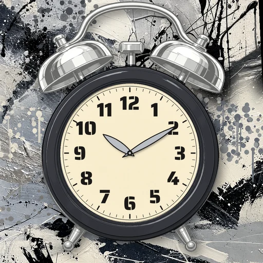 Twin-bell alarm clock in enamel charcoal, cream dial, on an abstract ink background