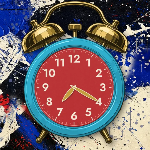 Twin-bell alarm clock in enamel cyan, red dial, on an abstract ink background