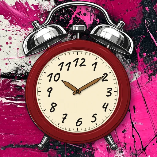 Twin-bell alarm clock in ceramic deep red, cream dial, on an abstract ink background