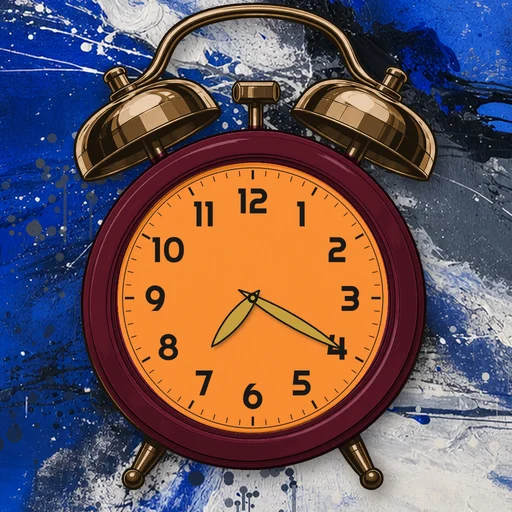 Twin-bell alarm clock in brushed metal burgundy, orange dial, on an abstract ink background