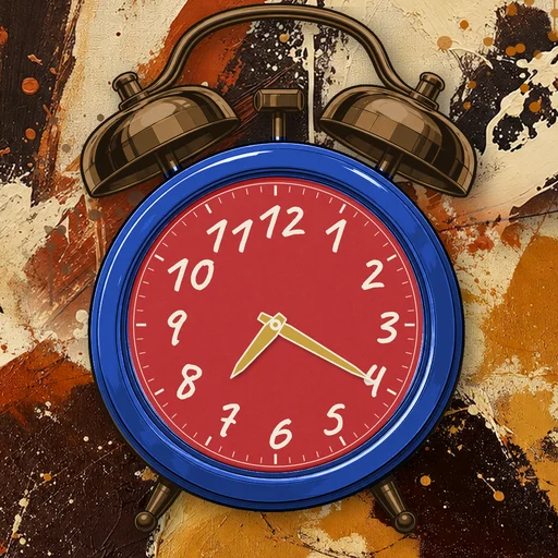 Twin-bell alarm clock in chrome cobalt blue, red dial, on an abstract ink background