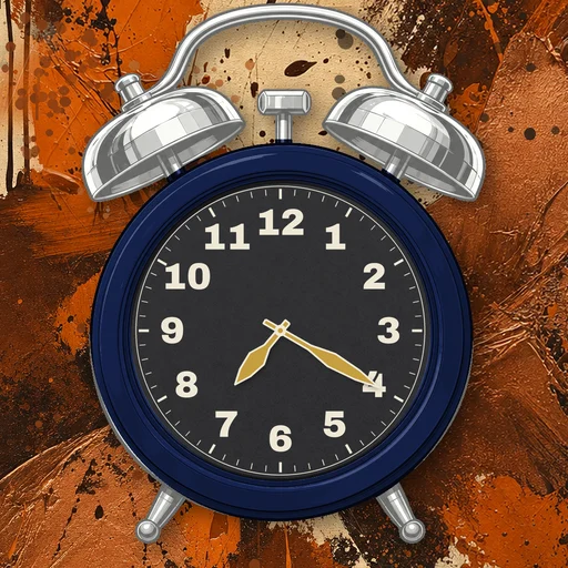 Twin-bell alarm clock in brushed metal navy, black dial, on an abstract ink background