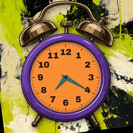 Twin-bell alarm clock in chrome purple, orange dial, on an abstract ink background