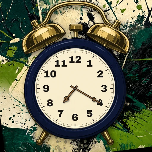 Twin-bell alarm clock in carbon fiber navy, cream dial, on an abstract ink background