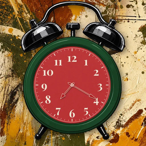 Twin-bell alarm clock in brushed metal forest green, red dial, on an abstract ink background
