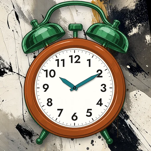 Twin-bell alarm clock in enamel burnt orange, white dial, on an abstract ink background