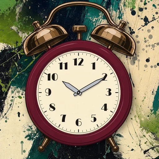 Twin-bell alarm clock in ceramic burgundy, cream dial, on an abstract ink background