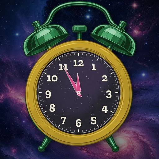 Twin-bell alarm clock in ceramic mustard yellow, cosmic dial, on a matching cosmic scene