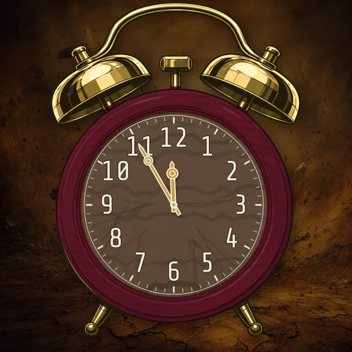 Twin-bell alarm clock in wood burgundy, earth dial, on a matching earth scene