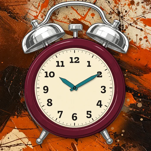Twin-bell alarm clock in enamel burgundy, cream dial, on an abstract ink background