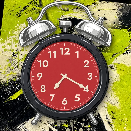 Twin-bell alarm clock in chrome charcoal, red dial, on an abstract ink background