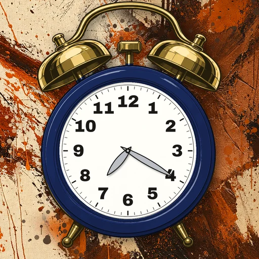 Twin-bell alarm clock in enamel navy, white dial, on an abstract ink background