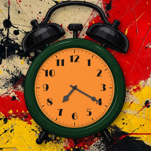 Twin-bell alarm clock in carbon fiber forest green, orange dial, on an abstract ink background