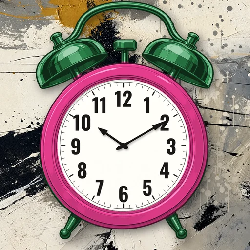 Twin-bell alarm clock in enamel hot pink, white dial, on an abstract ink background