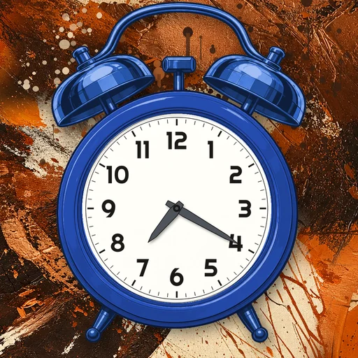 Twin-bell alarm clock in enamel cobalt blue, white dial, on an abstract ink background