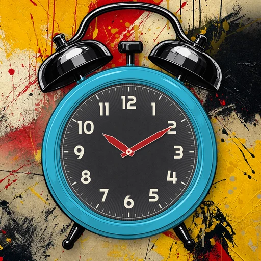 Twin-bell alarm clock in enamel cyan, black dial, on an abstract ink background