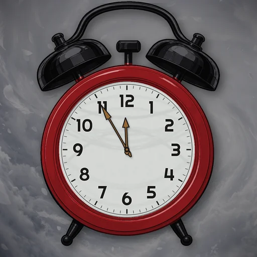 Twin-bell alarm clock in enamel deep red, wind dial, on a matching wind scene