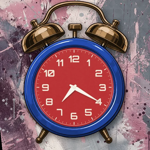 Twin-bell alarm clock in chrome cobalt blue, red dial, on an abstract ink background