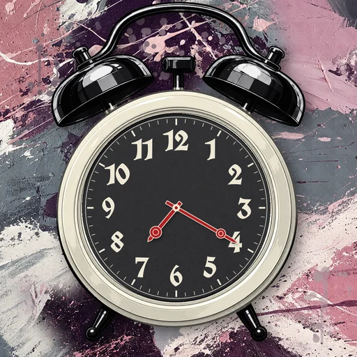 Twin-bell alarm clock in enamel ivory, black dial, on an abstract ink background