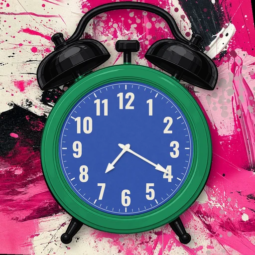 Twin-bell alarm clock in ceramic emerald, blue dial, on an abstract ink background