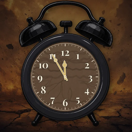 Twin-bell alarm clock in enamel black, earth dial, on a matching earth scene
