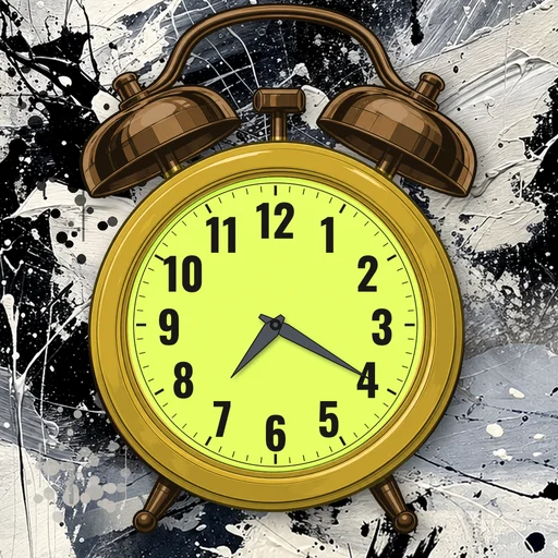Twin-bell alarm clock in enamel mustard yellow, lime dial, on an abstract ink background