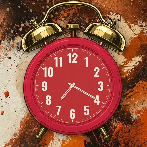 Twin-bell alarm clock in ceramic cherry red, red dial, on an abstract ink background