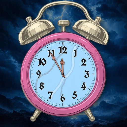 Twin-bell alarm clock in enamel pink, lightning dial, on a matching lightning scene