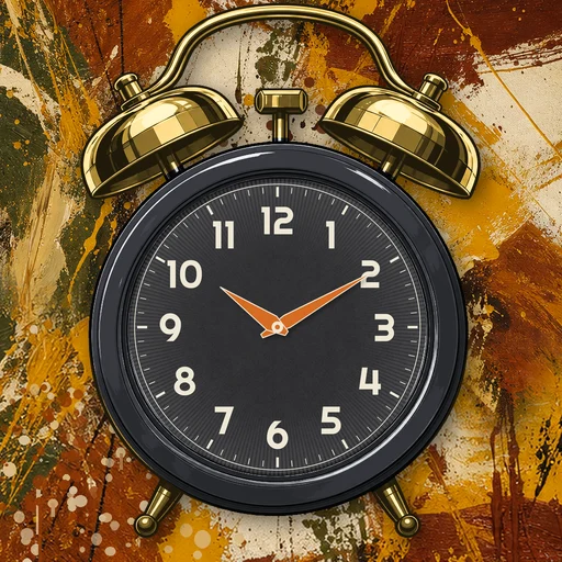 Twin-bell alarm clock in chrome charcoal, black dial, on an abstract ink background