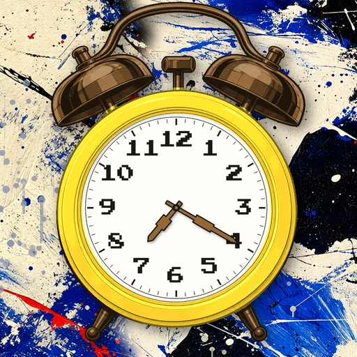 Twin-bell alarm clock in translucent jelly yellow, white dial, on an abstract ink background