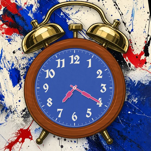 Twin-bell alarm clock in wood burnt orange, blue dial, on an abstract ink background