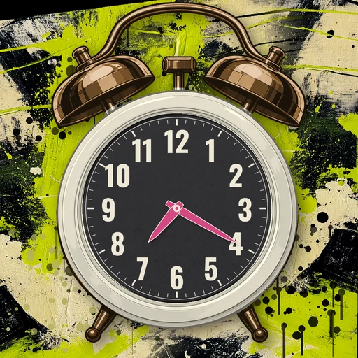 Twin-bell alarm clock in ceramic ivory, black dial, on an abstract ink background