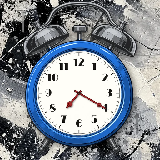 Twin-bell alarm clock in chrome electric blue, white dial, on an abstract ink background