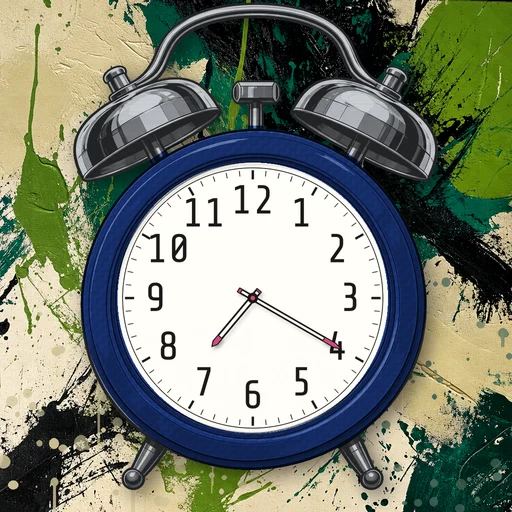 Twin-bell alarm clock in carbon fiber cobalt blue, white dial, on an abstract ink background