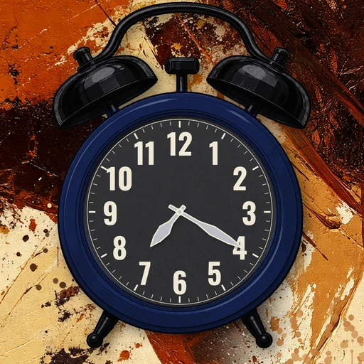 Twin-bell alarm clock in brushed metal navy, black dial, on an abstract ink background