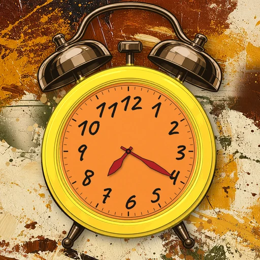 Twin-bell alarm clock in translucent jelly yellow, orange dial, on an abstract ink background