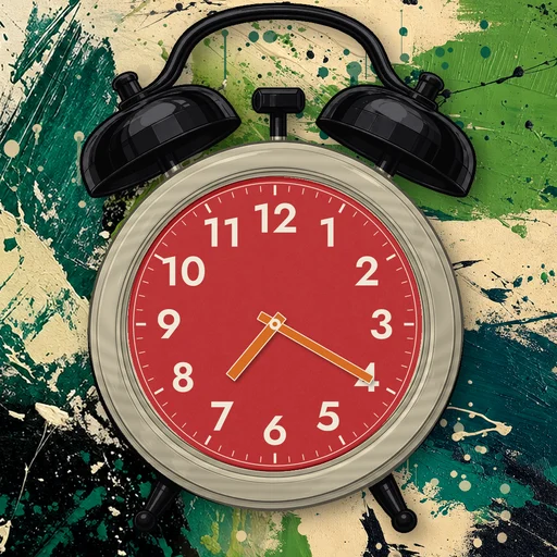 Twin-bell alarm clock in wood cream, red dial, on an abstract ink background
