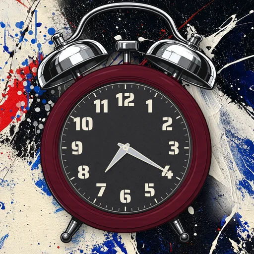 Twin-bell alarm clock in wood burgundy, black dial, on an abstract ink background