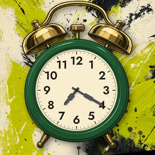 Twin-bell alarm clock in enamel forest green, cream dial, on an abstract ink background