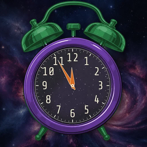 Twin-bell alarm clock in chrome purple, cosmic dial, on a matching cosmic scene