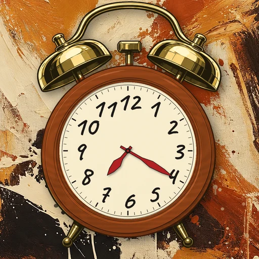 Twin-bell alarm clock in wood burnt orange, cream dial, on an abstract ink background