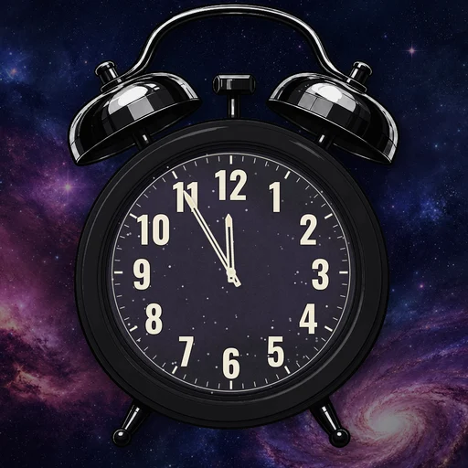 Twin-bell alarm clock in brushed metal black, cosmic dial, on a matching cosmic scene