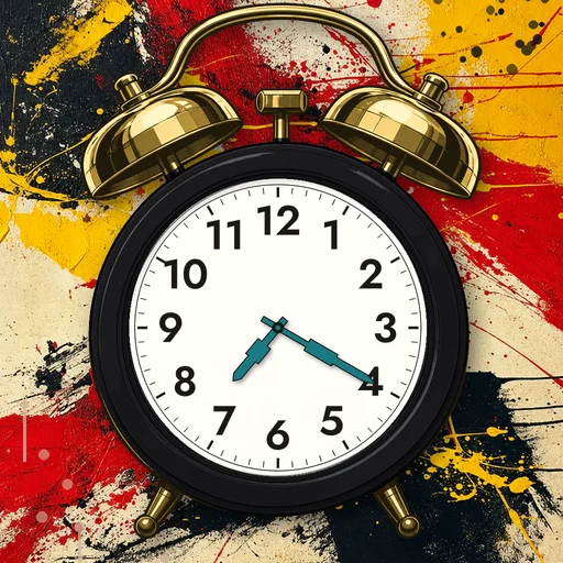 Twin-bell alarm clock in brushed metal black, white dial, on an abstract ink background