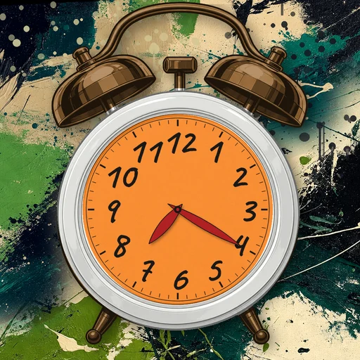 Twin-bell alarm clock in ceramic white, orange dial, on an abstract ink background