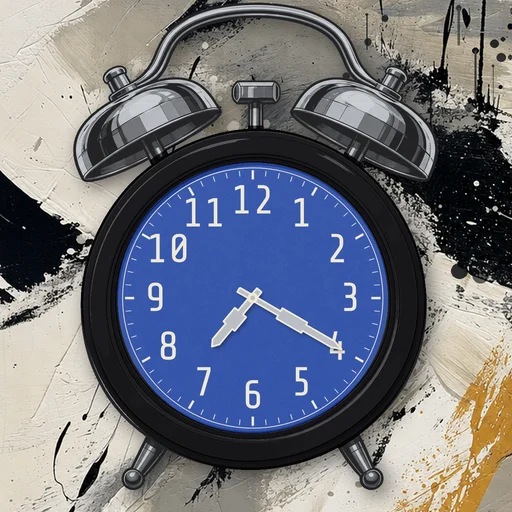 Twin-bell alarm clock in brushed metal black, blue dial, on an abstract ink background