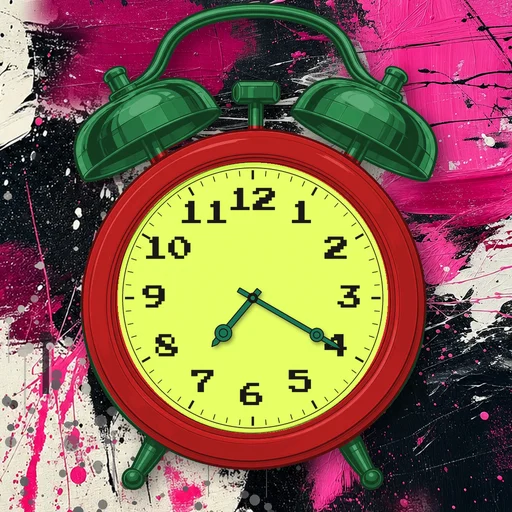 Twin-bell alarm clock in ceramic red, lime dial, on an abstract ink background