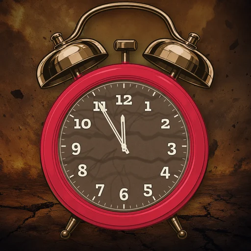 Twin-bell alarm clock in ceramic cherry red, earth dial, on a matching earth scene