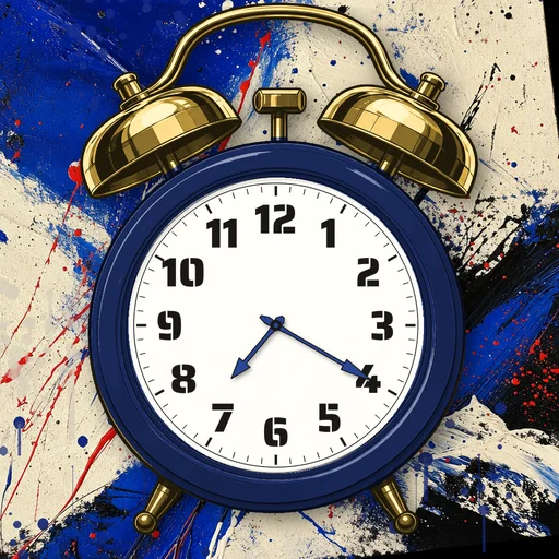 Twin-bell alarm clock in enamel navy, white dial, on an abstract ink background